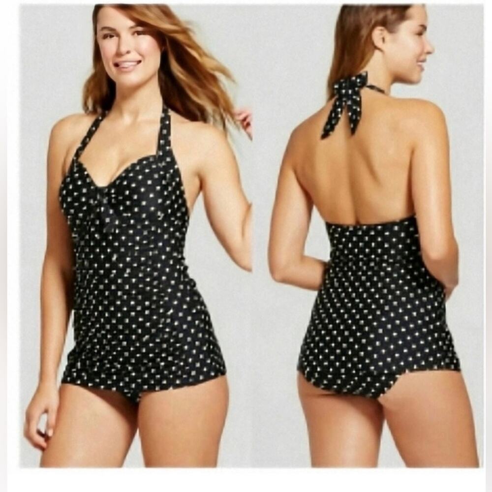 Merona Brand Women's XL Black White Polka Dot Halter One Piece Swimsuit Retro
